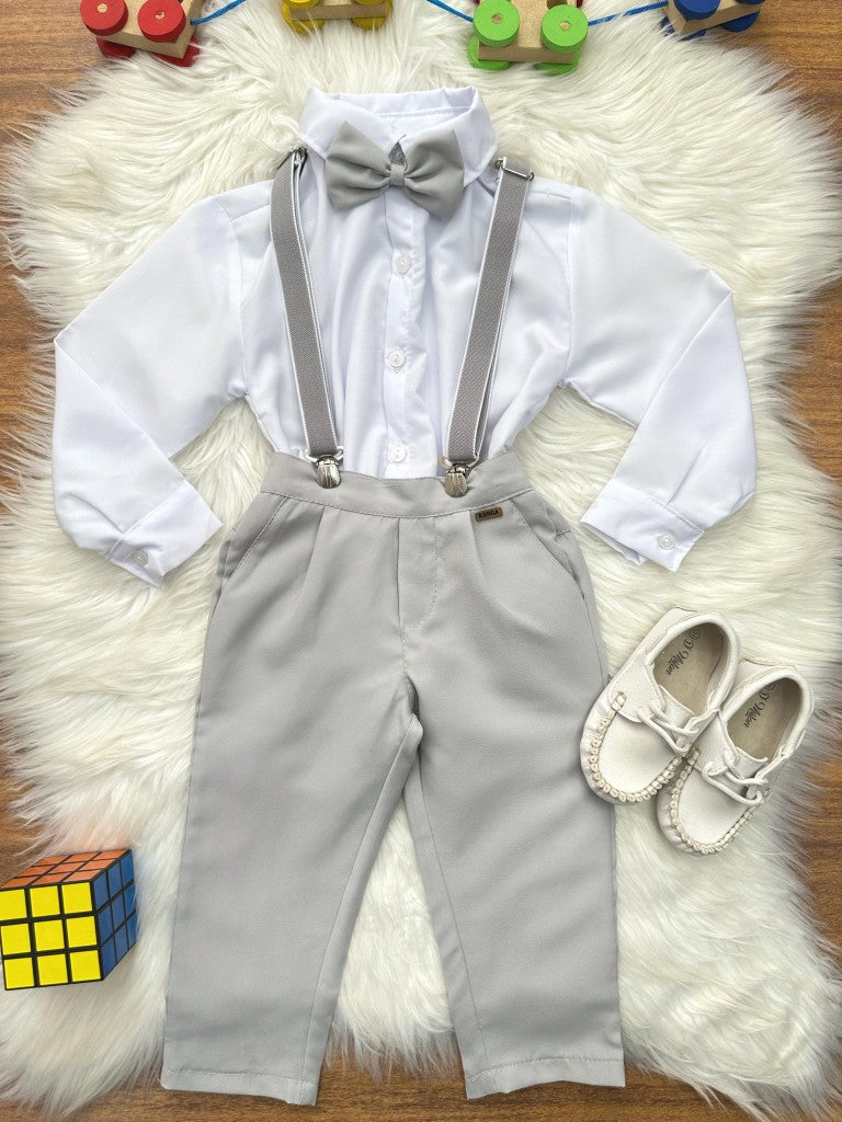 Conjunto Social Infantil Branco em Poliéster e Cinza em Algodão com Gravata Borboleta e Suspensório Removível para Pajem