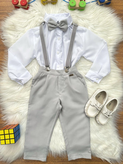 Conjunto Social Infantil Branco em Poliéster e Cinza em Algodão com Gravata Borboleta e Suspensório Removível para Pajem