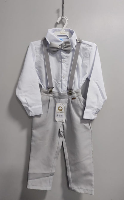 Conjunto Social Infantil Branco em Poliéster e Cinza em Algodão com Gravata Borboleta e Suspensório Removível para Pajem