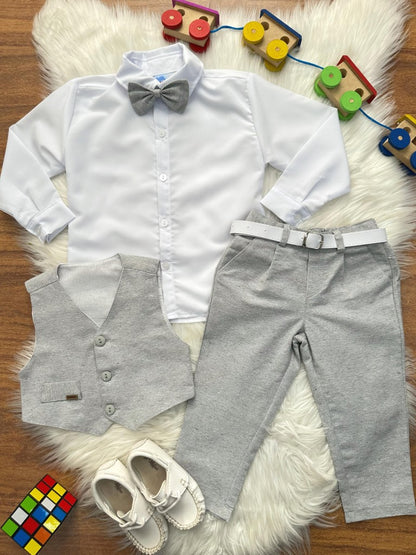 Conjunto Social Infantil Branco com Gravata e Colete Cinza para Pajem