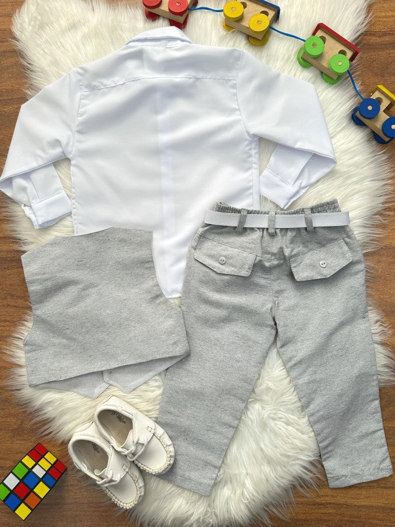 Conjunto Social Infantil Branco com Gravata e Colete Cinza para Pajem