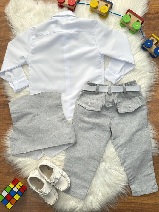 Conjunto Social Infantil Branco com Gravata e Colete Cinza para Pajem