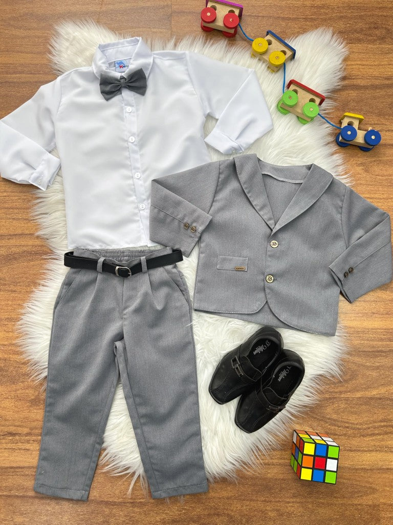 Conjunto Social Infantil Cinza em Poliéster com Gravata Borboleta e Camisa Branca para Pajem
