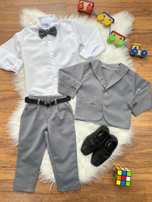 Conjunto Social Infantil Cinza em Poliéster com Gravata Borboleta e Camisa Branca para Pajem