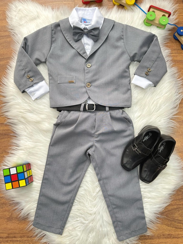 Conjunto Social Infantil Cinza em Poliéster com Gravata Borboleta e Camisa Branca para Pajem