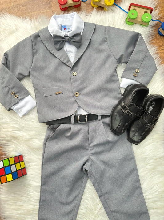 Conjunto Social Infantil Cinza em Poliéster com Gravata Borboleta e Camisa Branca para Pajem