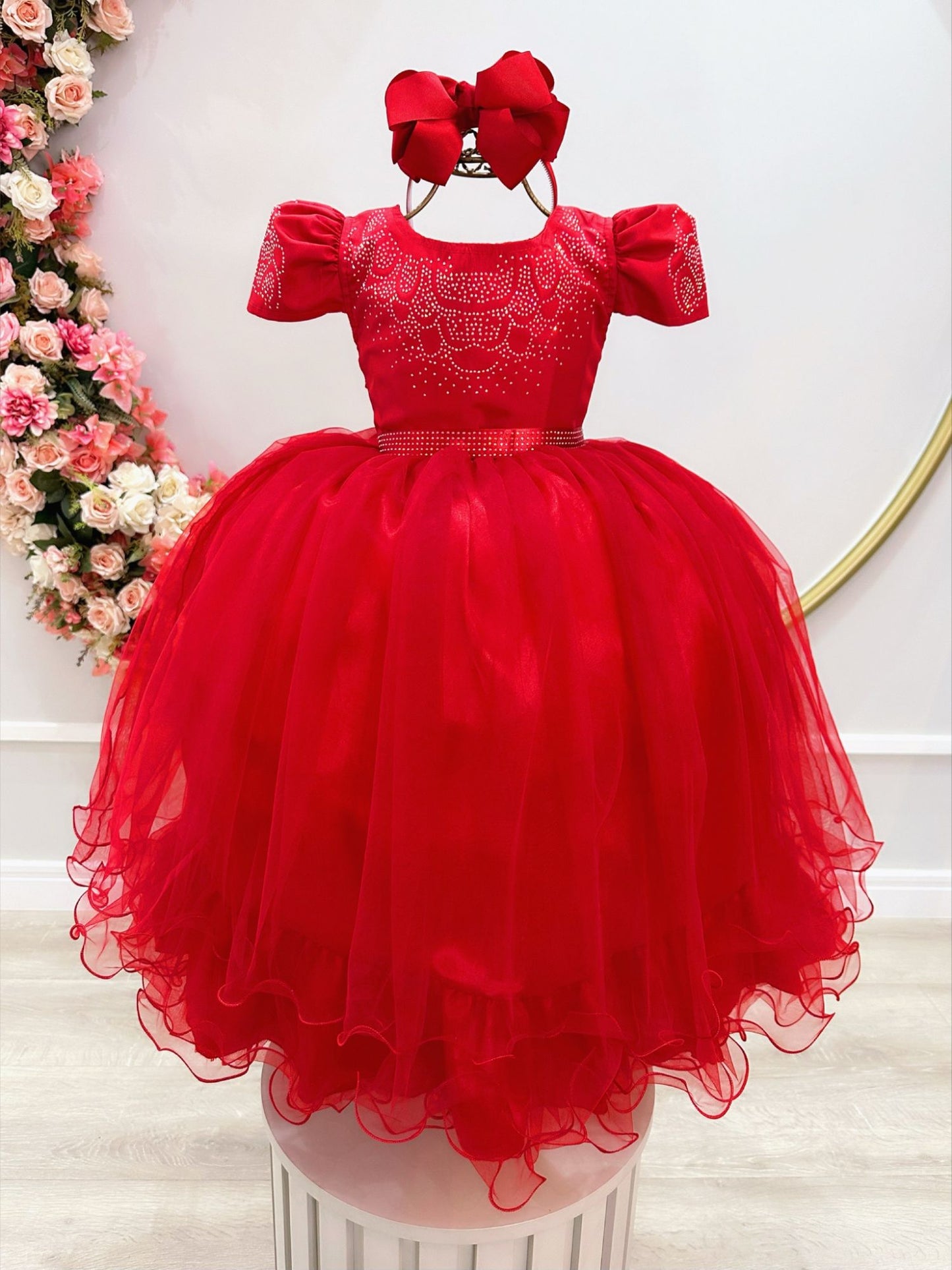 Vestido Infantil Vermelho em Cetim com Strass e Laço para Casamentos e Festas de Luxo