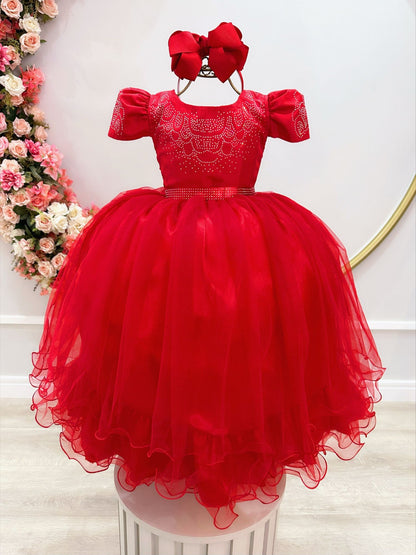Vestido Infantil Vermelho em Cetim com Strass e Laço para Casamentos e Festas de Luxo