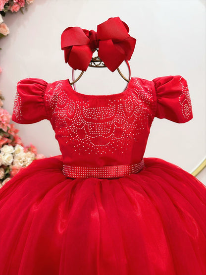 Vestido Infantil Vermelho em Cetim com Strass e Laço para Casamentos e Festas de Luxo