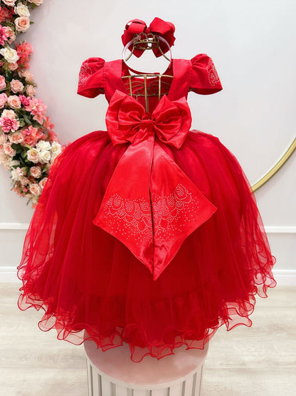 Vestido Infantil Vermelho em Cetim com Strass e Laço para Casamentos e Festas de Luxo