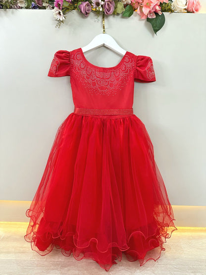 Vestido Infantil Vermelho em Cetim com Strass e Laço para Casamentos e Festas de Luxo