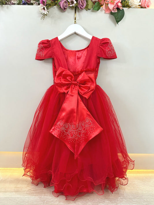 Vestido Infantil Vermelho em Cetim com Strass e Laço para Casamentos e Festas de Luxo