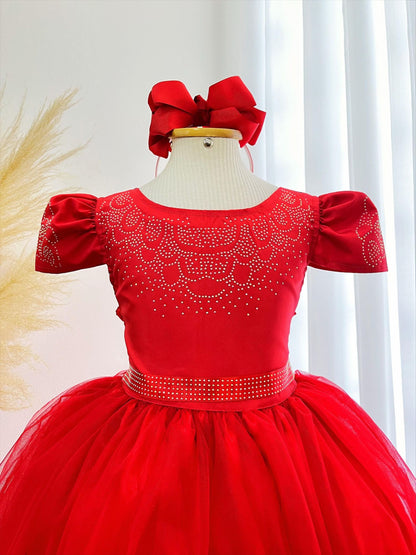Vestido Infantil Vermelho em Cetim com Strass e Laço para Casamentos e Festas de Luxo