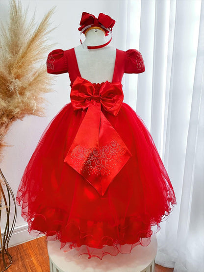 Vestido Infantil Vermelho em Cetim com Strass e Laço para Casamentos e Festas de Luxo