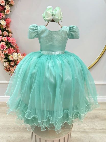 Vestido Infantil Verde Menta em Cetim com Strass e Saia Rodada para Daminhas