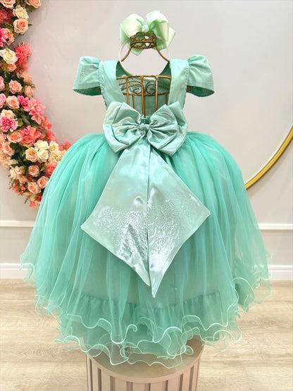 Vestido Infantil Verde Menta em Cetim com Strass e Saia Rodada para Daminhas