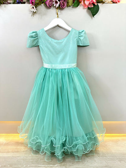 Vestido Infantil Verde Menta em Cetim com Strass e Saia Rodada para Daminhas