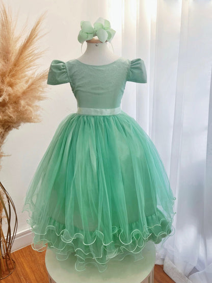 Vestido Infantil Verde Menta em Cetim com Strass e Saia Rodada para Daminhas