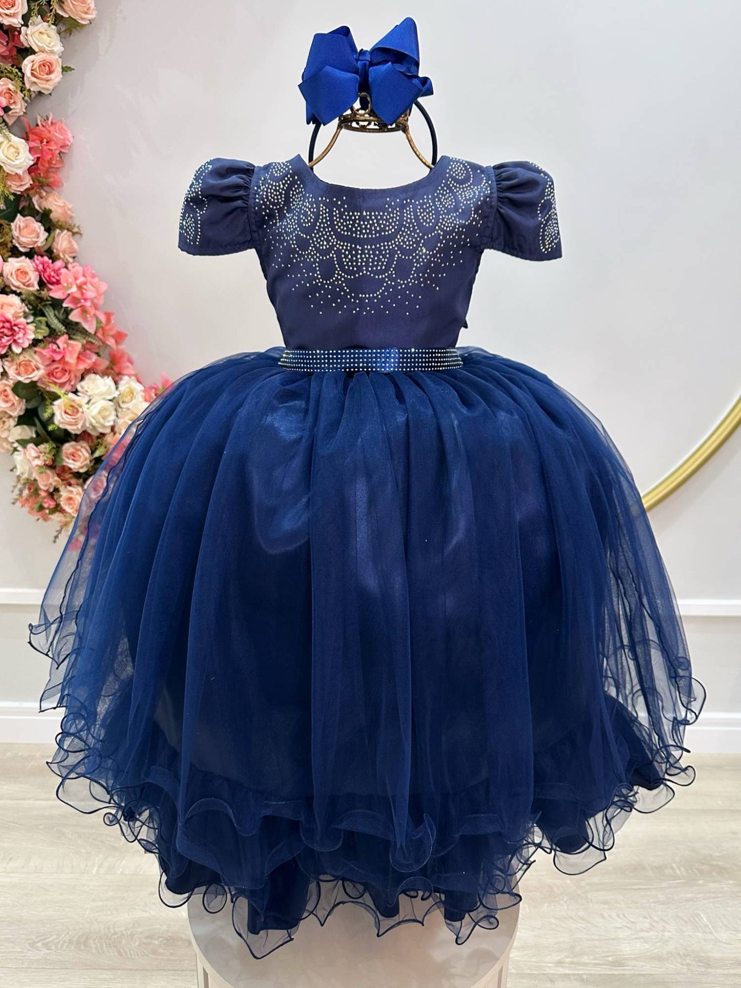Vestido Infantil Azul Marinho em Cetim com Strass Luxo Saia Rodada para Daminhas