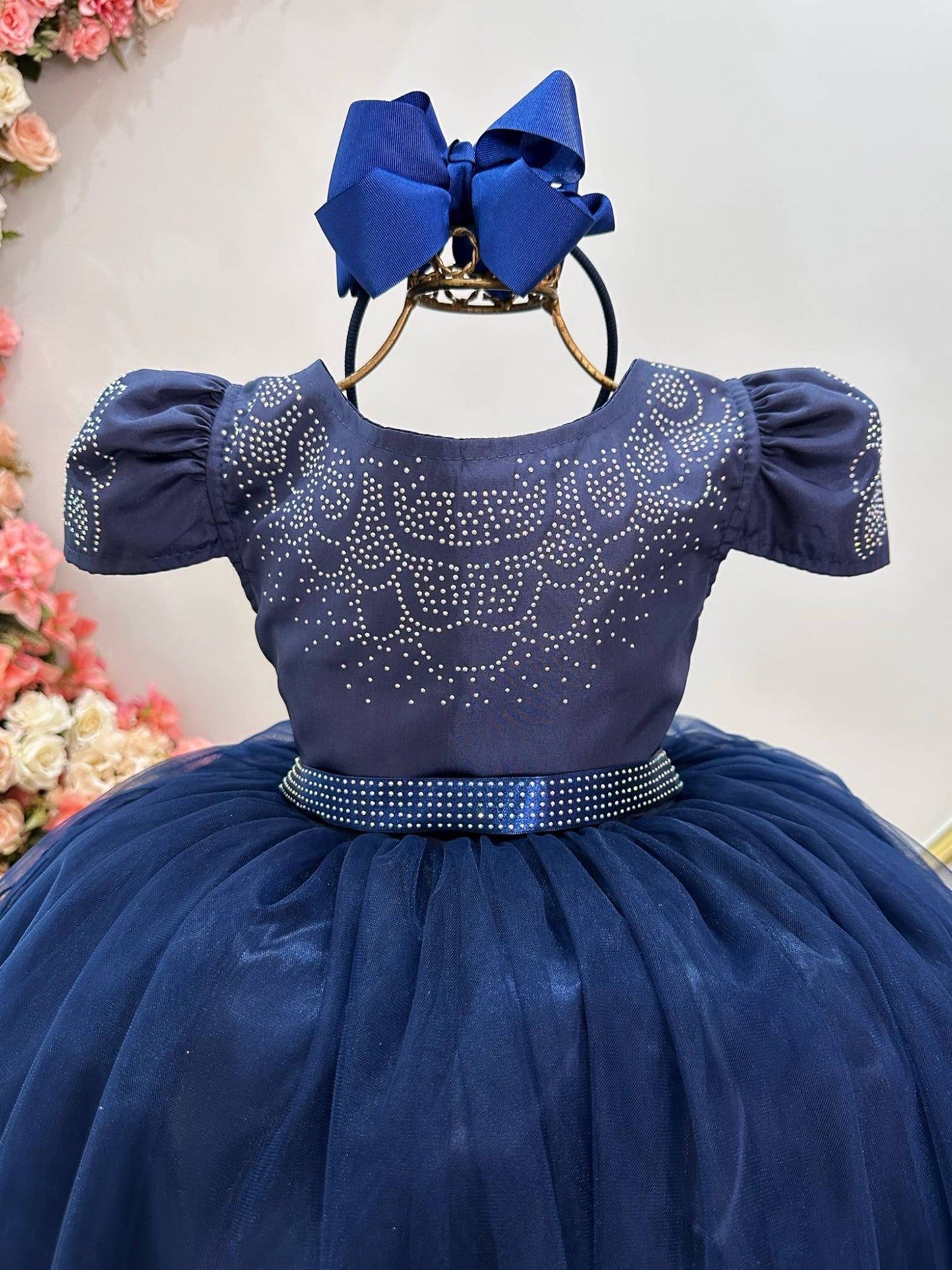 Vestido Infantil Azul Marinho em Cetim com Strass Luxo Saia Rodada para Daminhas