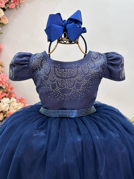 Vestido Infantil Azul Marinho em Cetim com Strass Luxo Saia Rodada para Daminhas