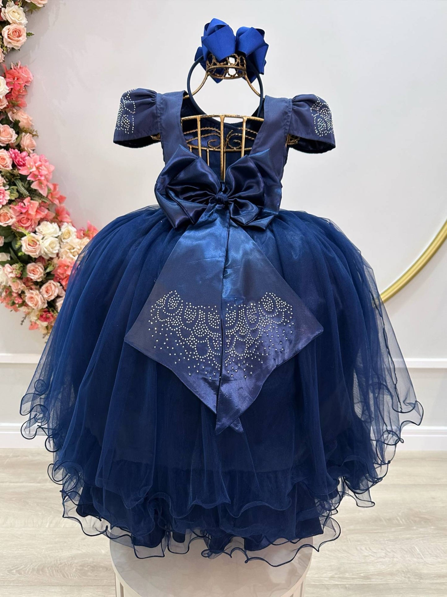 Vestido Infantil Azul Marinho em Cetim com Strass Luxo Saia Rodada para Daminhas