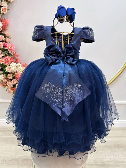 Vestido Infantil Azul Marinho em Cetim com Strass Luxo Saia Rodada para Daminhas