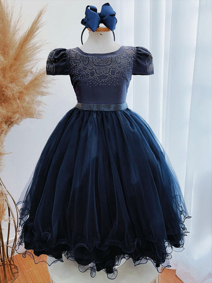Vestido Infantil Azul Marinho em Cetim com Strass Luxo Saia Rodada para Daminhas