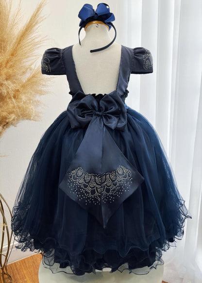 Vestido Infantil Azul Marinho em Cetim com Strass Luxo Saia Rodada para Daminhas