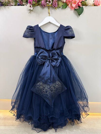 Vestido Infantil Azul Marinho em Cetim com Strass Luxo Saia Rodada para Daminhas