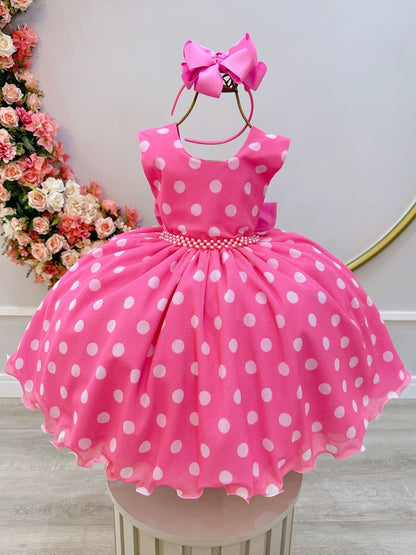 Vestido Infantil Rosa em Cetim com Bolinhas Brancas e Saia Rodada para Festa de Aniversário