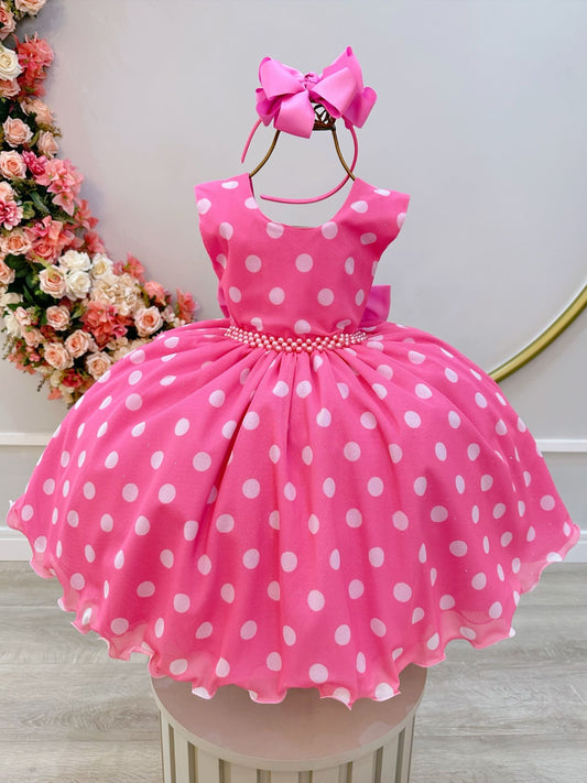 Vestido Infantil Rosa em Cetim com Bolinhas Brancas e Saia Rodada para Festa de Aniversário