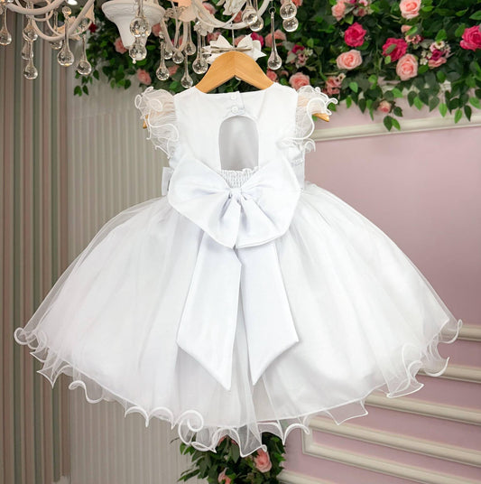 Vestido Infantil Branco em Tafetá com Gola Redonda e Saia Rodada para Daminhas