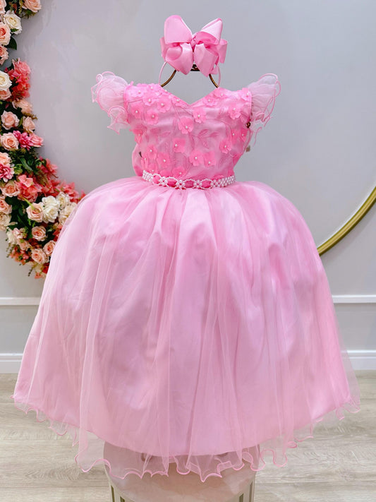 Vestido Infantil Longo Rosa C/ Apliques e Renda Damas