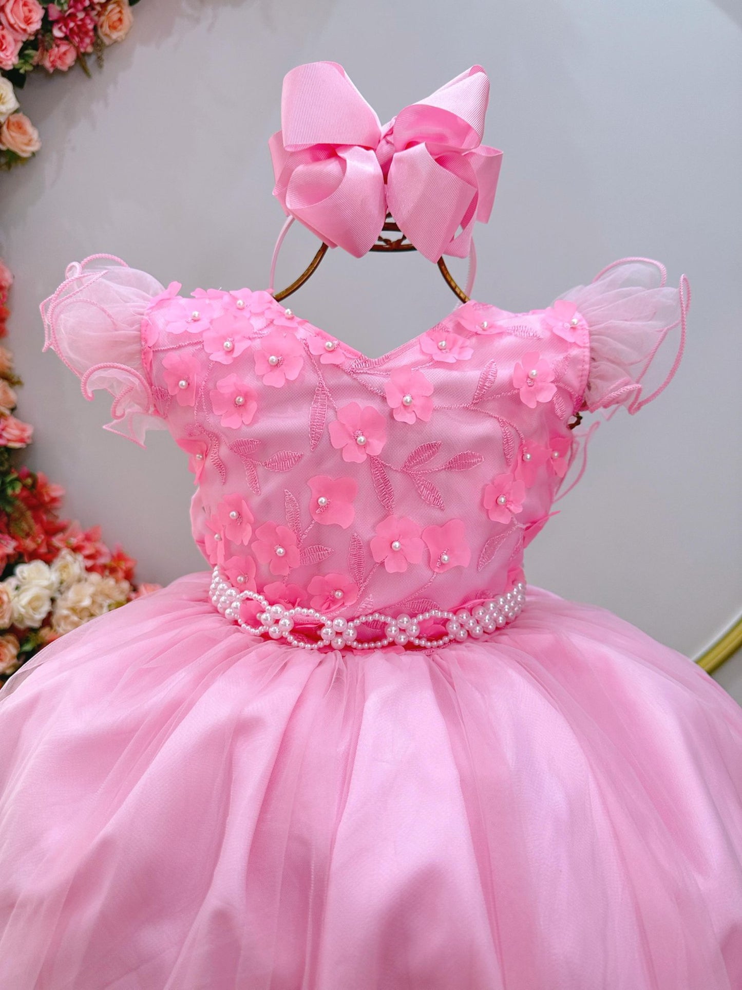 Vestido Infantil Longo Rosa C/ Apliques e Renda Damas