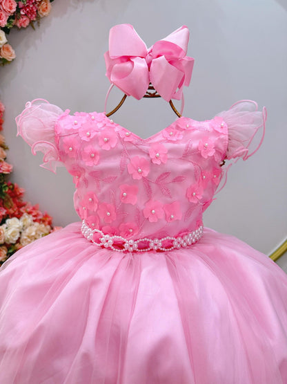 Vestido Infantil Longo Rosa C/ Apliques e Renda Damas