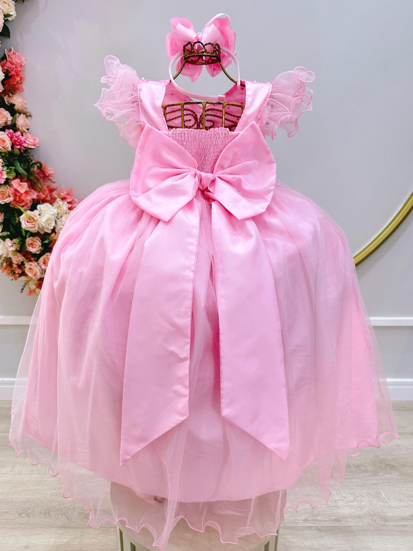 Vestido Infantil Longo Rosa C/ Apliques e Renda Damas