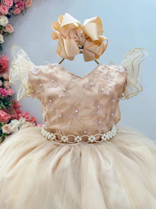 Vestido Infantil Longo Dourado C/ Apliques e Renda Damas