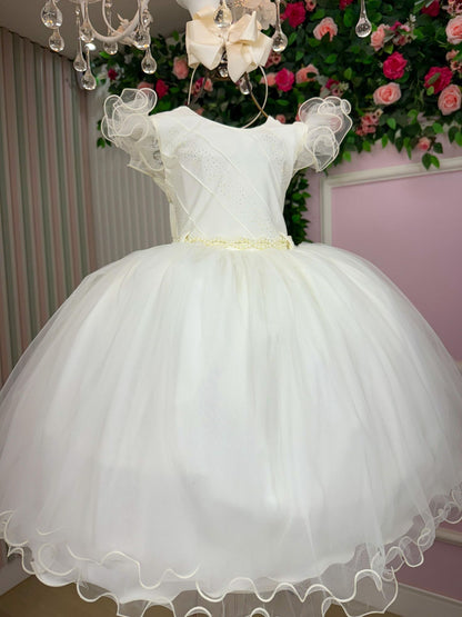 Vestido Infantil Off em Tafetá com Gola Redonda e Caimento Sofisticado para Festa de Aniversário