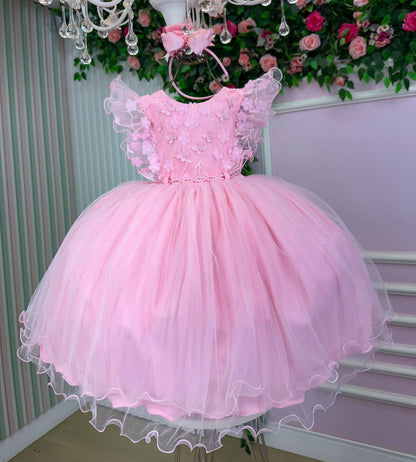 Vestido Infantil Rosa Bebê em Tafetá com Gola Redonda e Elástico para Festa de Aniversário