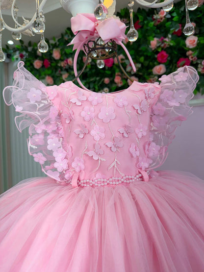 Vestido Infantil Rosa Bebê em Tafetá com Gola Redonda e Elástico para Festa de Aniversário