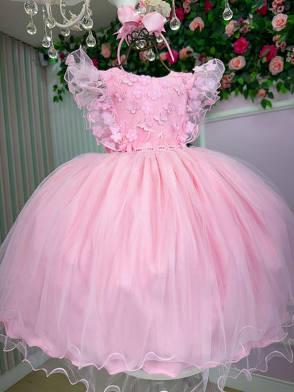 Vestido Infantil Rosa Bebê em Tafetá com Gola Redonda e Elástico para Festa de Aniversário
