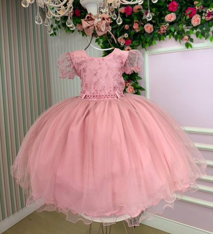 Vestido Infantil Rosa em Tafetá com Gola Redonda e Saia Rodada para Festa de Aniversário