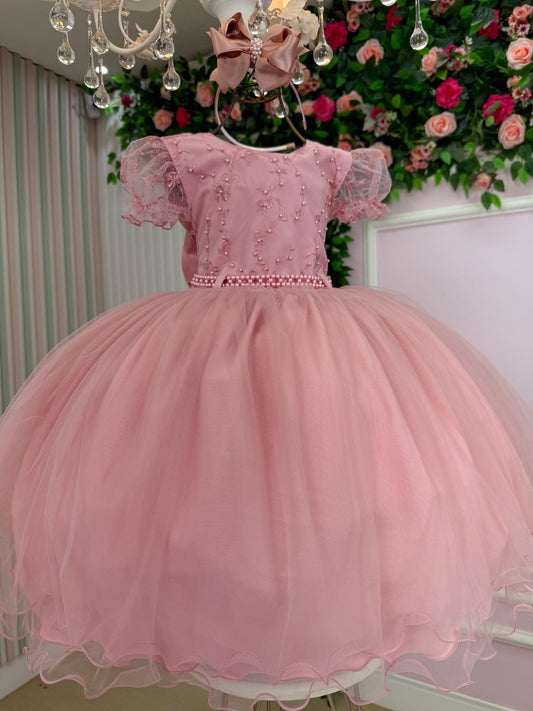 Vestido Infantil Rosa em Tafetá com Gola Redonda e Saia Rodada para Festa de Aniversário