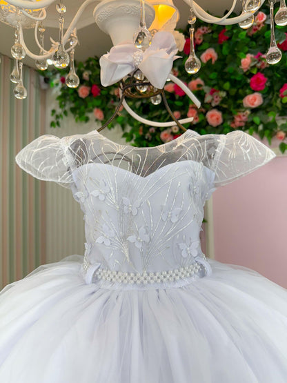 Vestido Infantil Branco em Tafetá com Gola Redonda e Saia Rodada para Daminhas