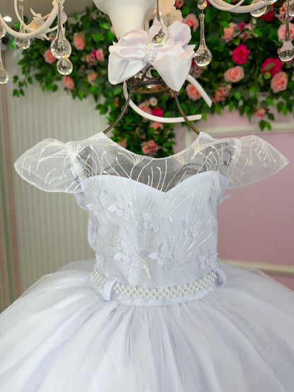 Vestido Infantil Branco em Tafetá com Gola Redonda e Saia Rodada para Daminhas