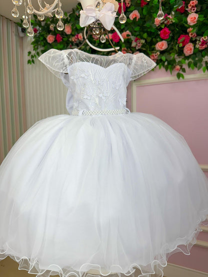 Vestido Infantil Branco em Tafetá com Gola Redonda e Saia Rodada para Daminhas