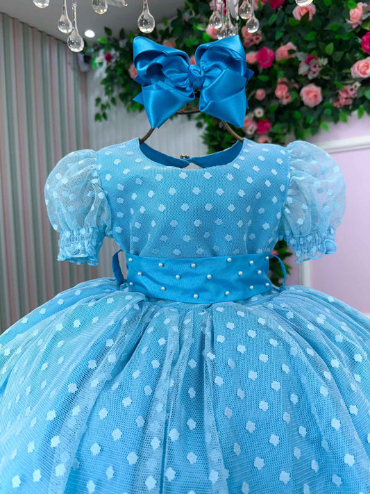 Vestido Infantil Azul Tiffany em Tecido Misto com Gola Redonda e Laço nas Costas para Festa de Aniversário