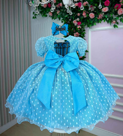 Vestido Infantil Azul Tiffany em Tecido Misto com Gola Redonda e Laço nas Costas para Festa de Aniversário