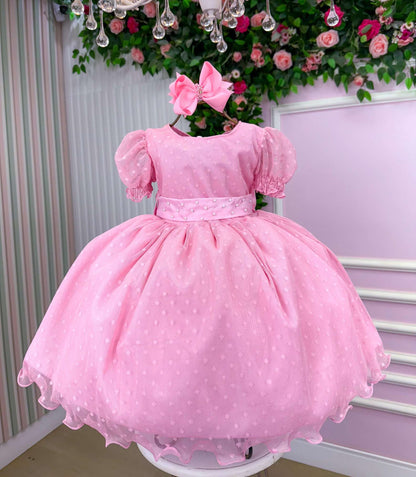 Vestido Infantil Rosa Bebê em Tecido Misto com Laço nas Costas